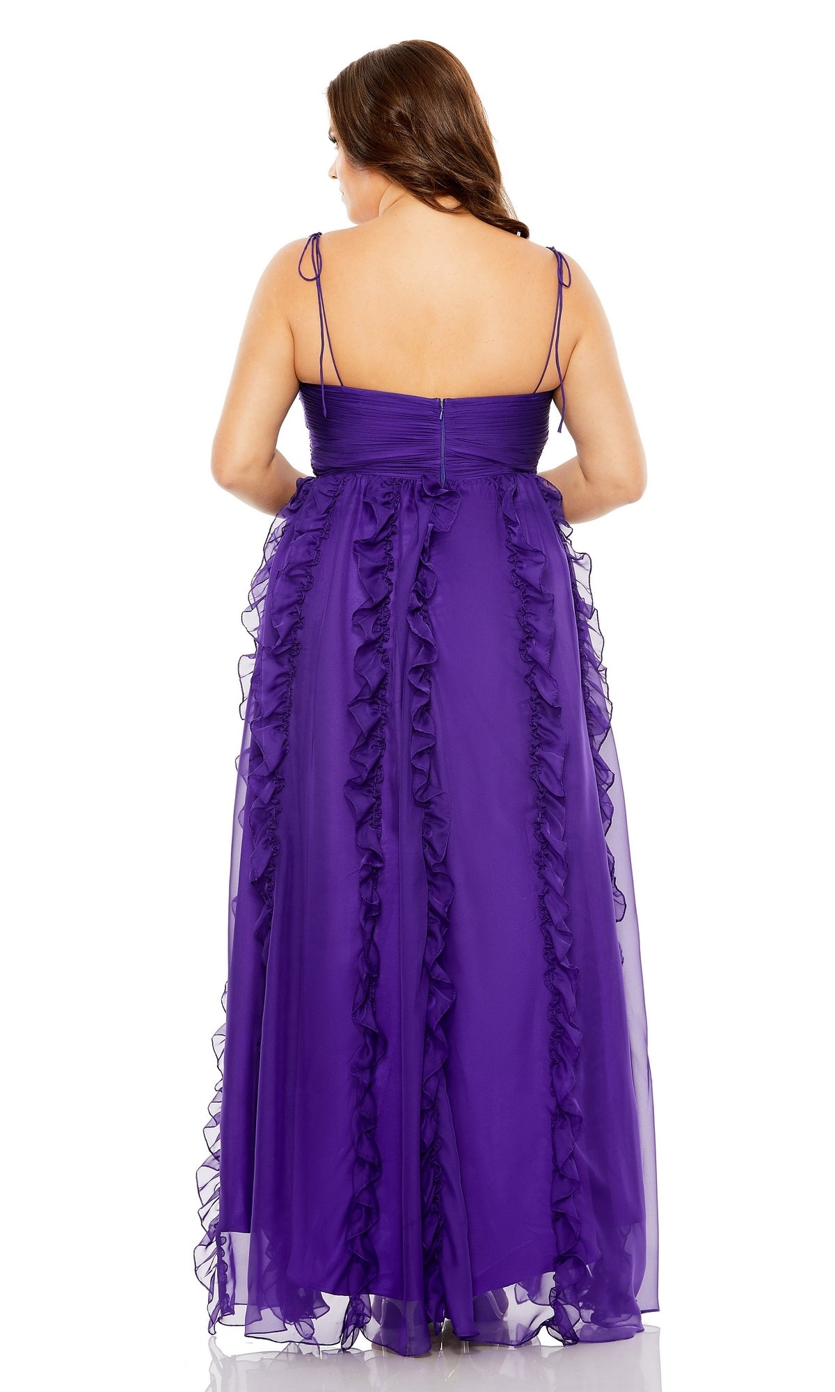 Woman in a plus-size, sleeveless Mac Duggal 68543 ruffle formal dress, floor-length with delicate ruffles, shown from the back against a white background.